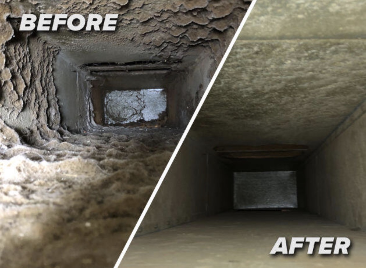 Before and after view inside an air duct cleaned by Prism Enterprises