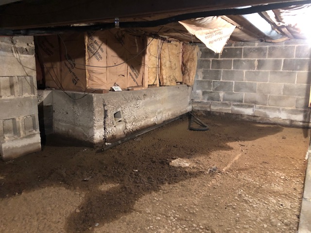 Crawlspace soil and framing before mold treatment