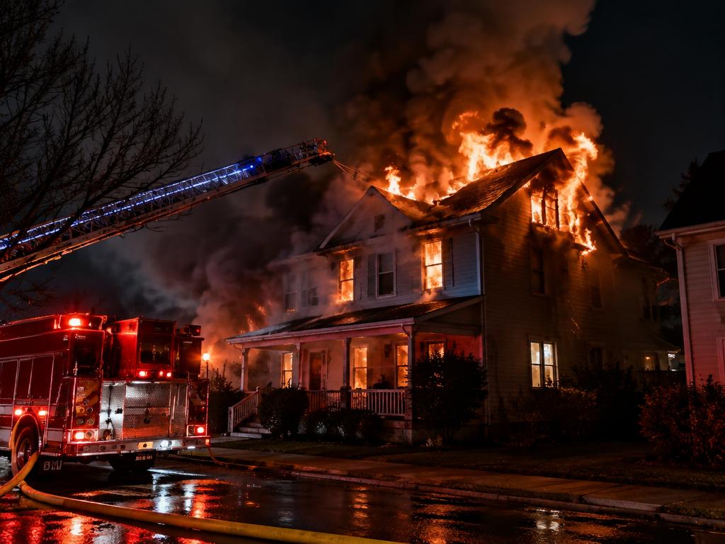 House fire at night showing how a clogged dryer vent can lead to a home fire