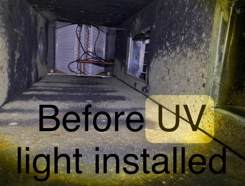 Mold-covered duct interior before UV light installation